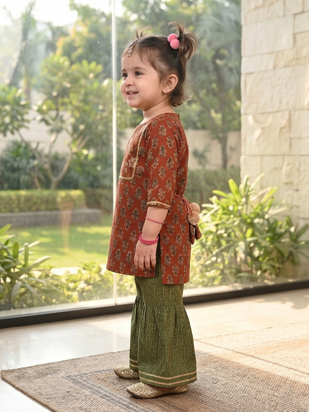 Brown three-quarter sleeves Kurti  With Green Sharara