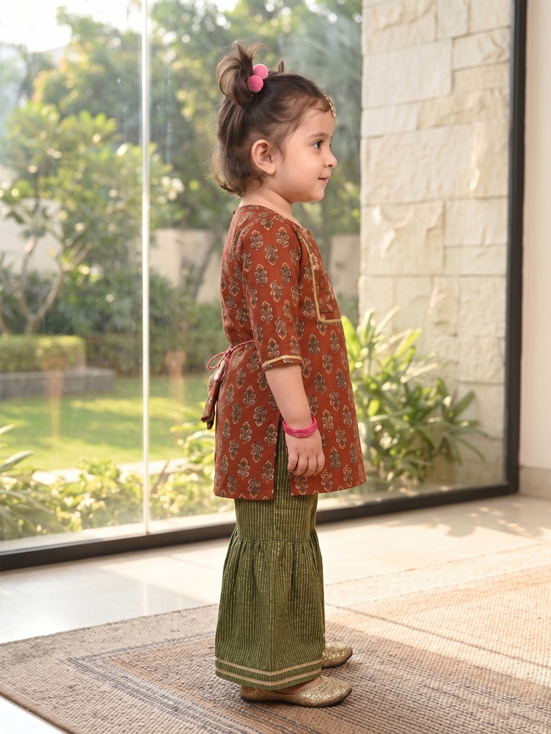 Brown three-quarter sleeves Kurti  With Green Sharara