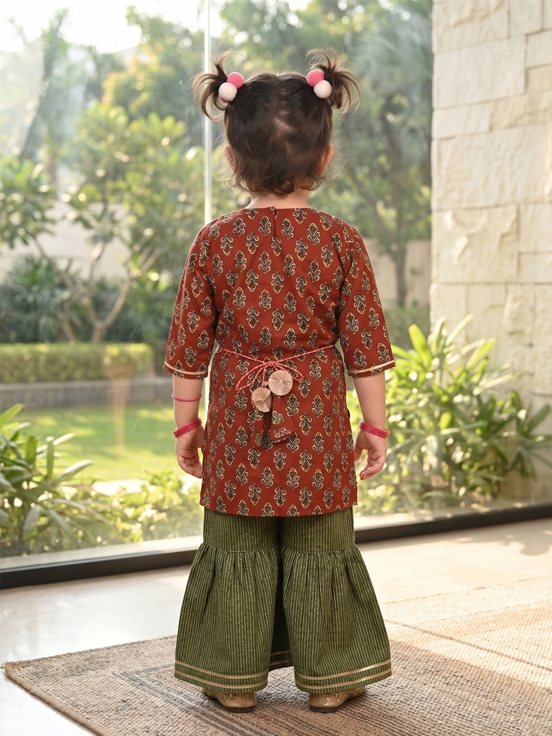 Brown three-quarter sleeves Kurti  With Green Sharara