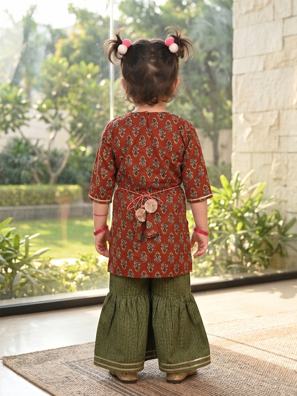 Brown three-quarter sleeves Kurti  With Green Sharara