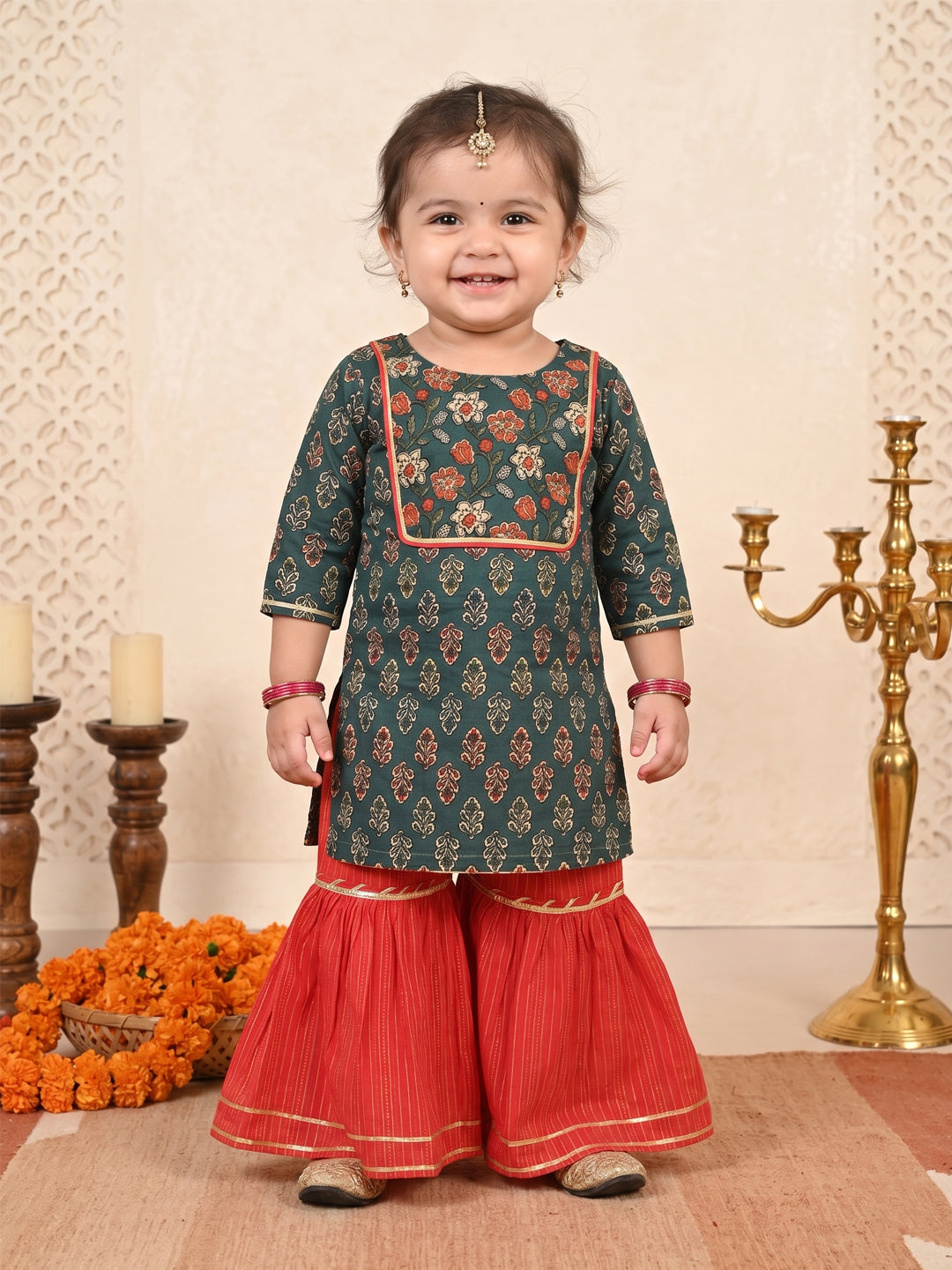 Blue three-quarter sleeves Kurti  With Red Sharara