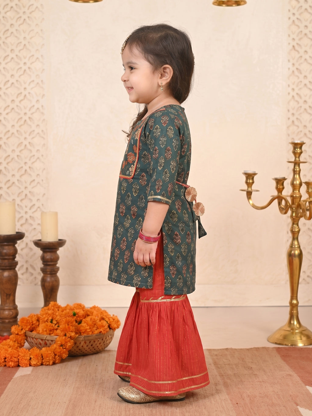 Blue three-quarter sleeves Kurti  With Red Sharara
