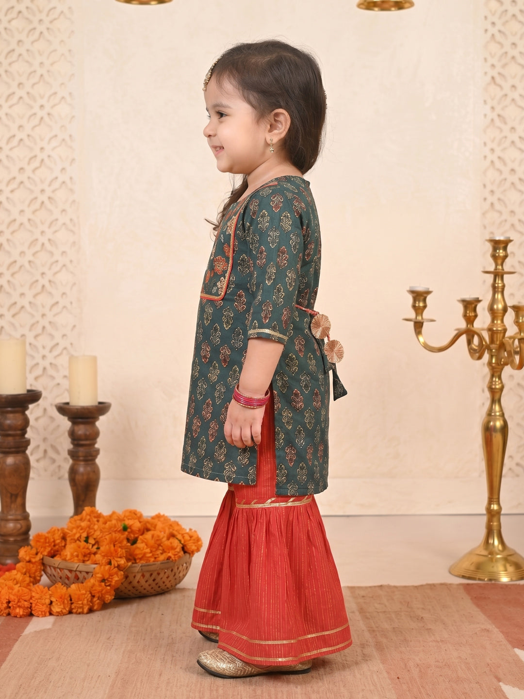 Blue three-quarter sleeves Kurti  With Red Sharara