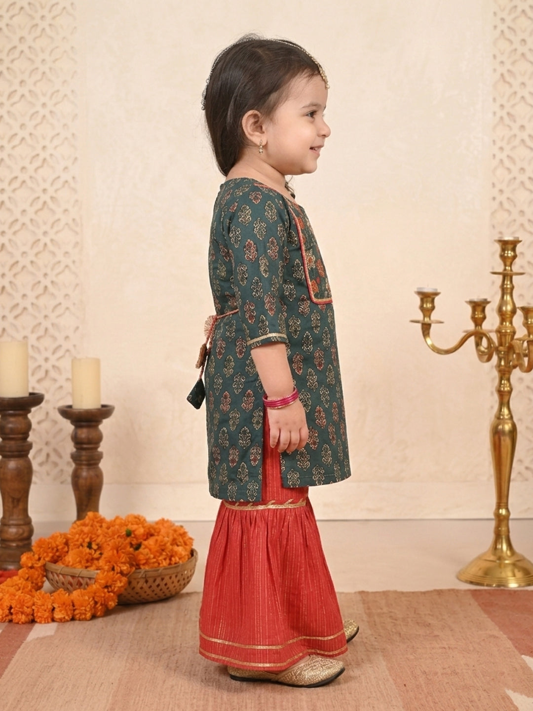 Blue three-quarter sleeves Kurti  With Red Sharara