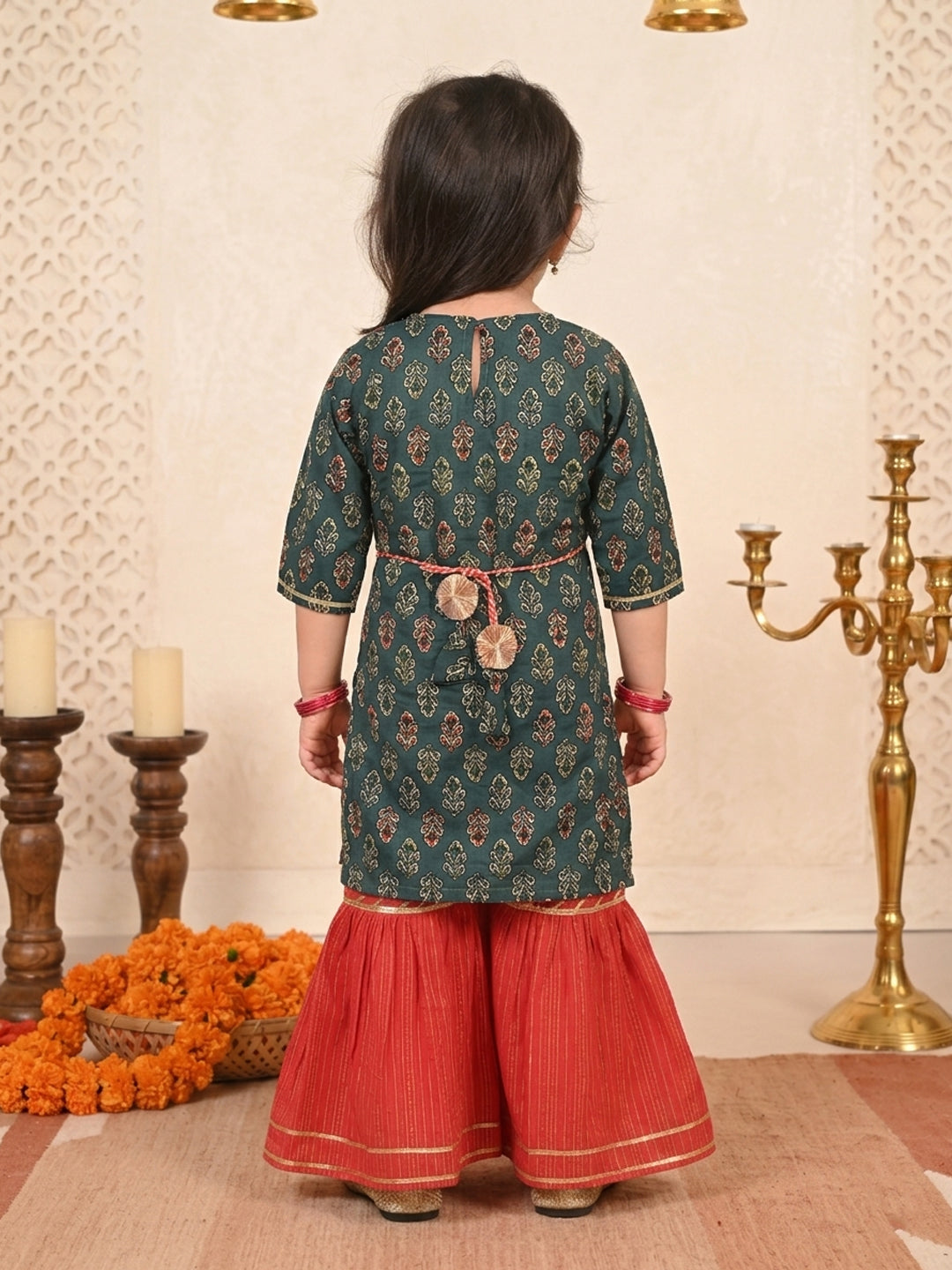 Blue three-quarter sleeves Kurti  With Red Sharara