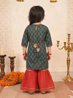Blue three-quarter sleeves Kurti  With Red Sharara