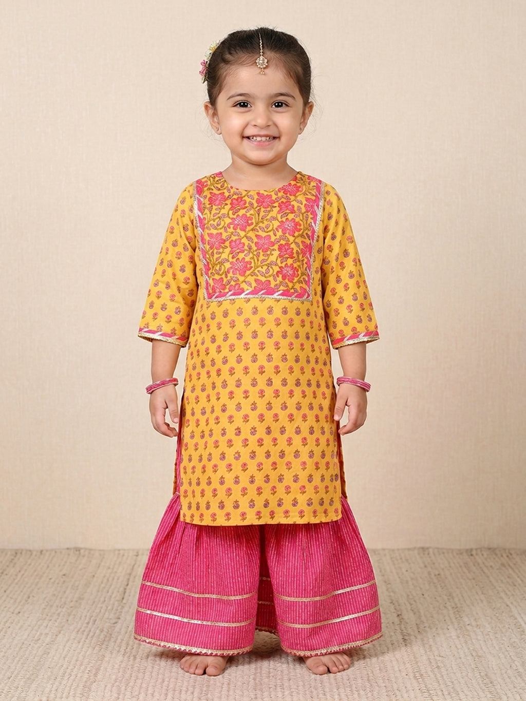 Yellow three-quarter sleeves Kurti  With Pink Sharara