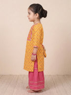 Yellow three-quarter sleeves Kurti  With Pink Sharara