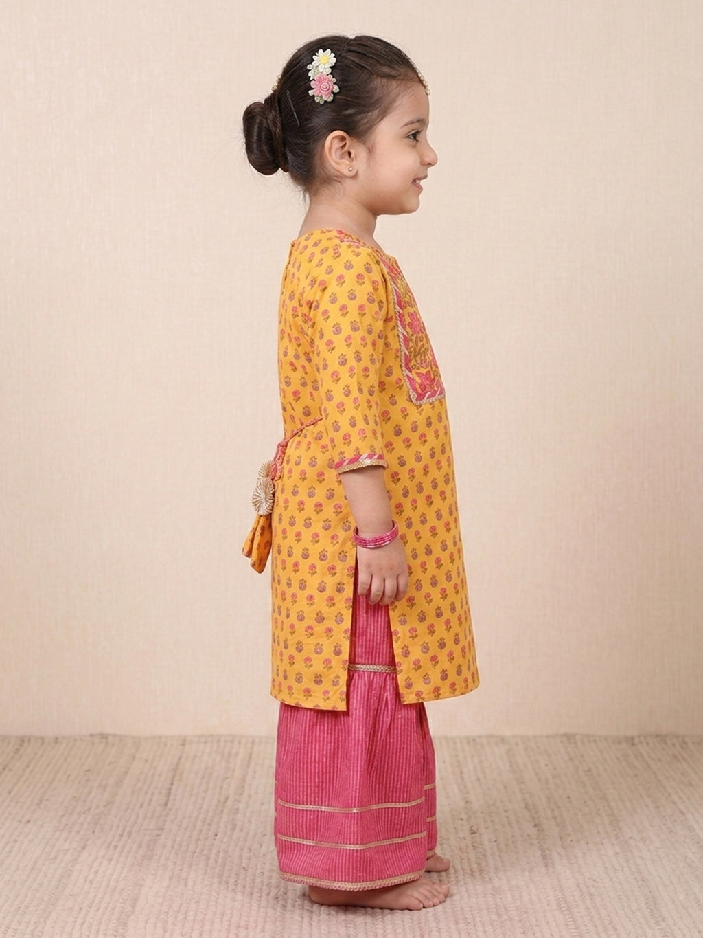Yellow three-quarter sleeves Kurti  With Pink Sharara
