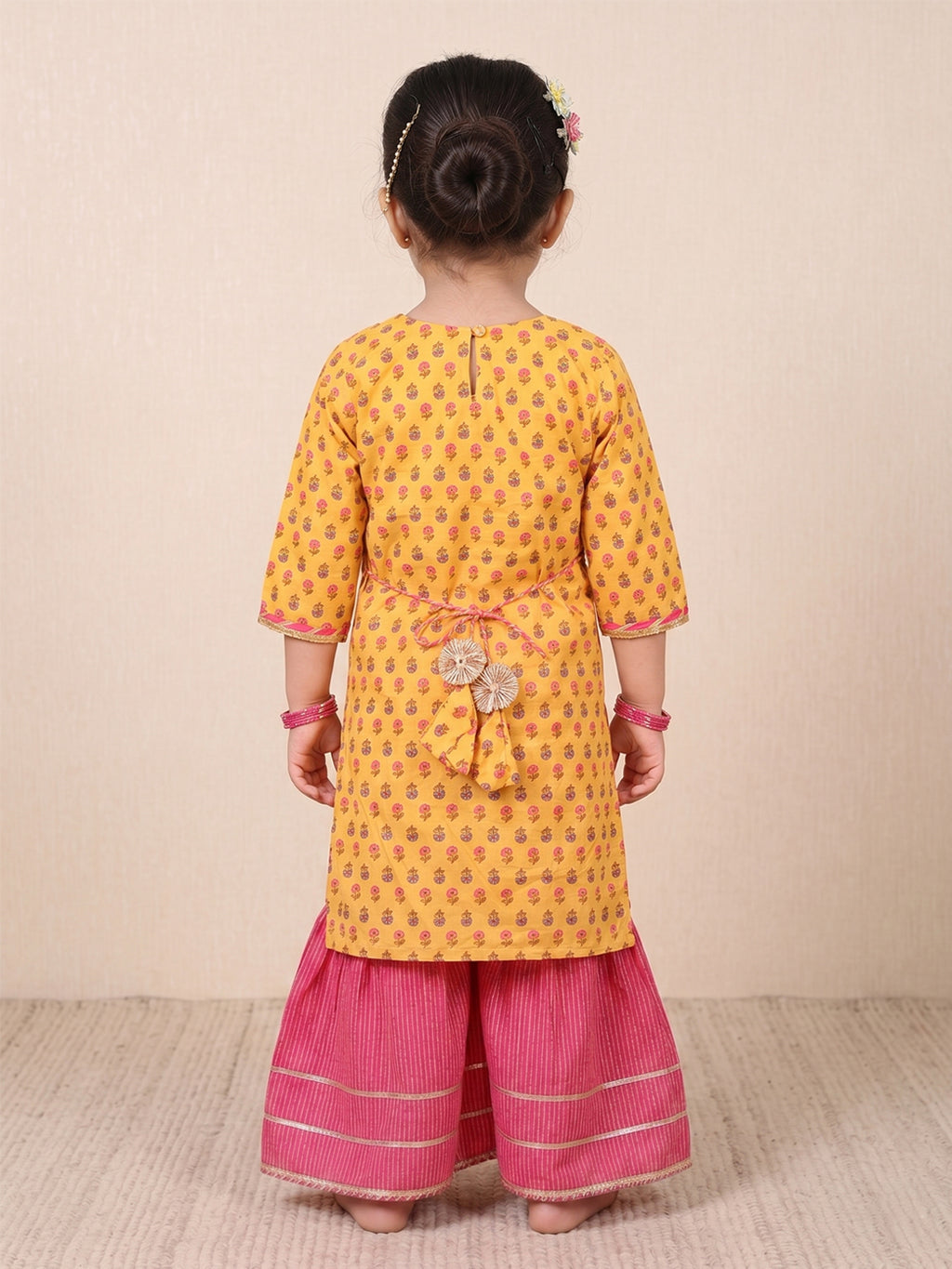 Yellow three-quarter sleeves Kurti  With Pink Sharara