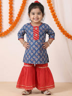 Blue three-quarter sleeves Kurti  With Red Sharara