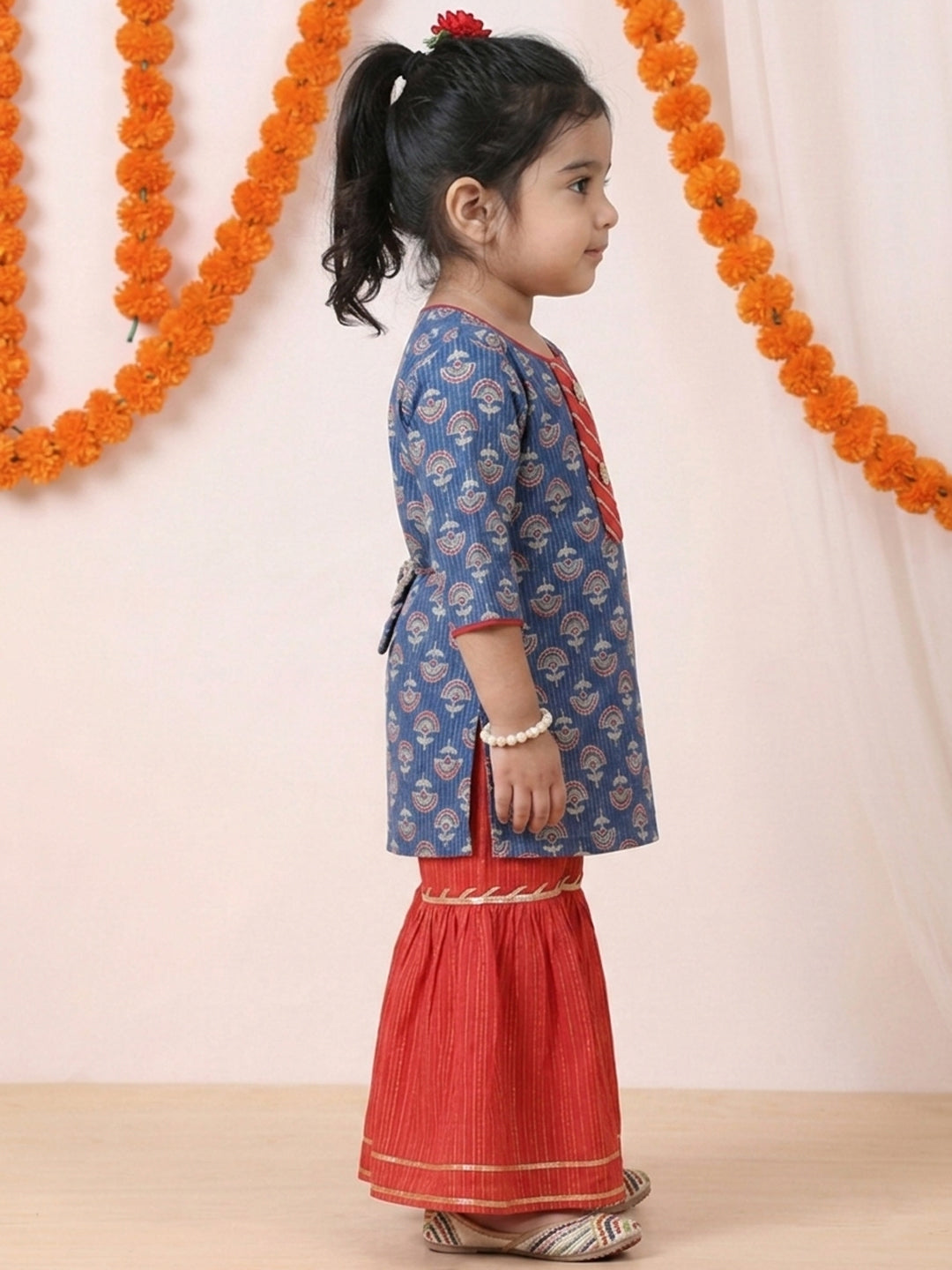 Blue three-quarter sleeves Kurti  With Red Sharara