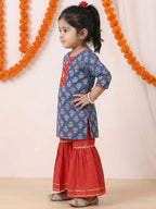 Blue three-quarter sleeves Kurti  With Red Sharara