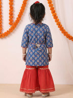 Blue three-quarter sleeves Kurti  With Red Sharara