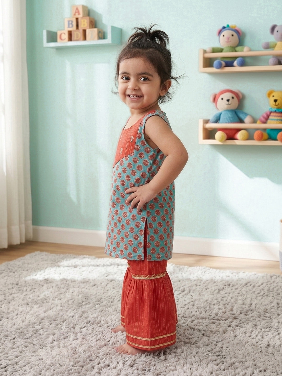 Green Sleevesless embroidered Kurti  With Red Sharara