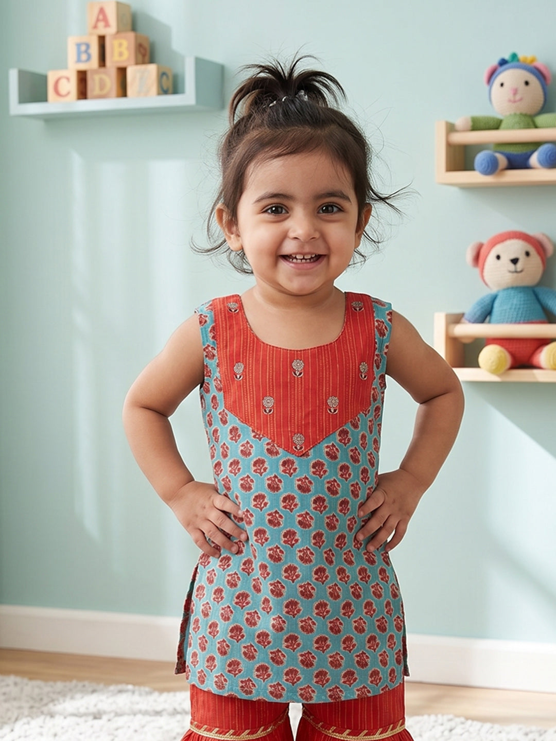 Green Sleevesless embroidered Kurti  With Red Sharara