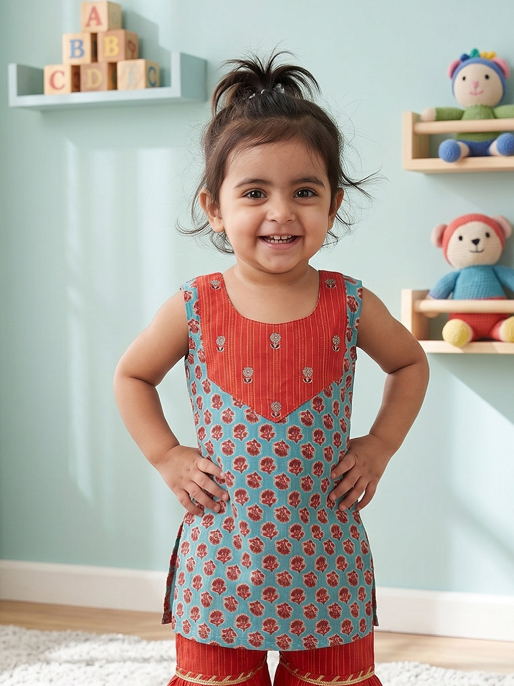 Green Sleevesless embroidered Kurti  With Red Sharara
