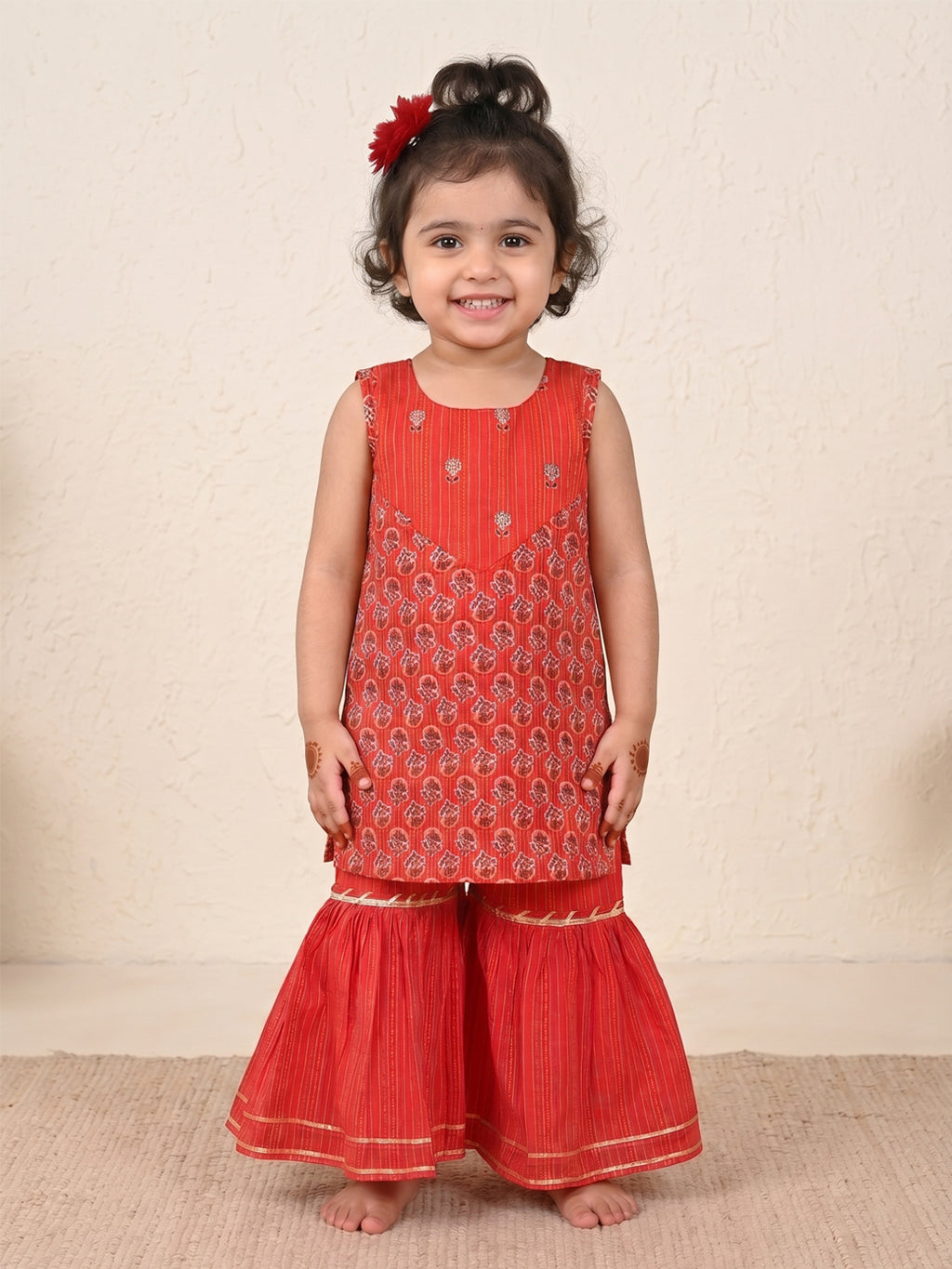 Red Sleevesless embroidered Kurti  With Red Sharara