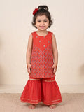 Red Sleevesless embroidered Kurti  With Red Sharara