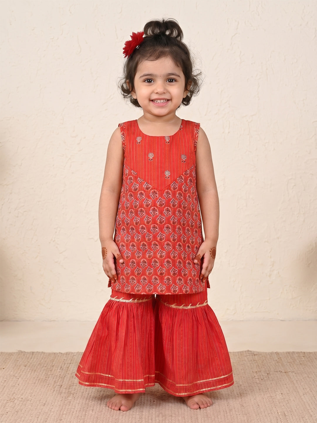 Red Sleevesless embroidered Kurti  With Red Sharara