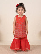 Red Sleevesless embroidered Kurti  With Red Sharara