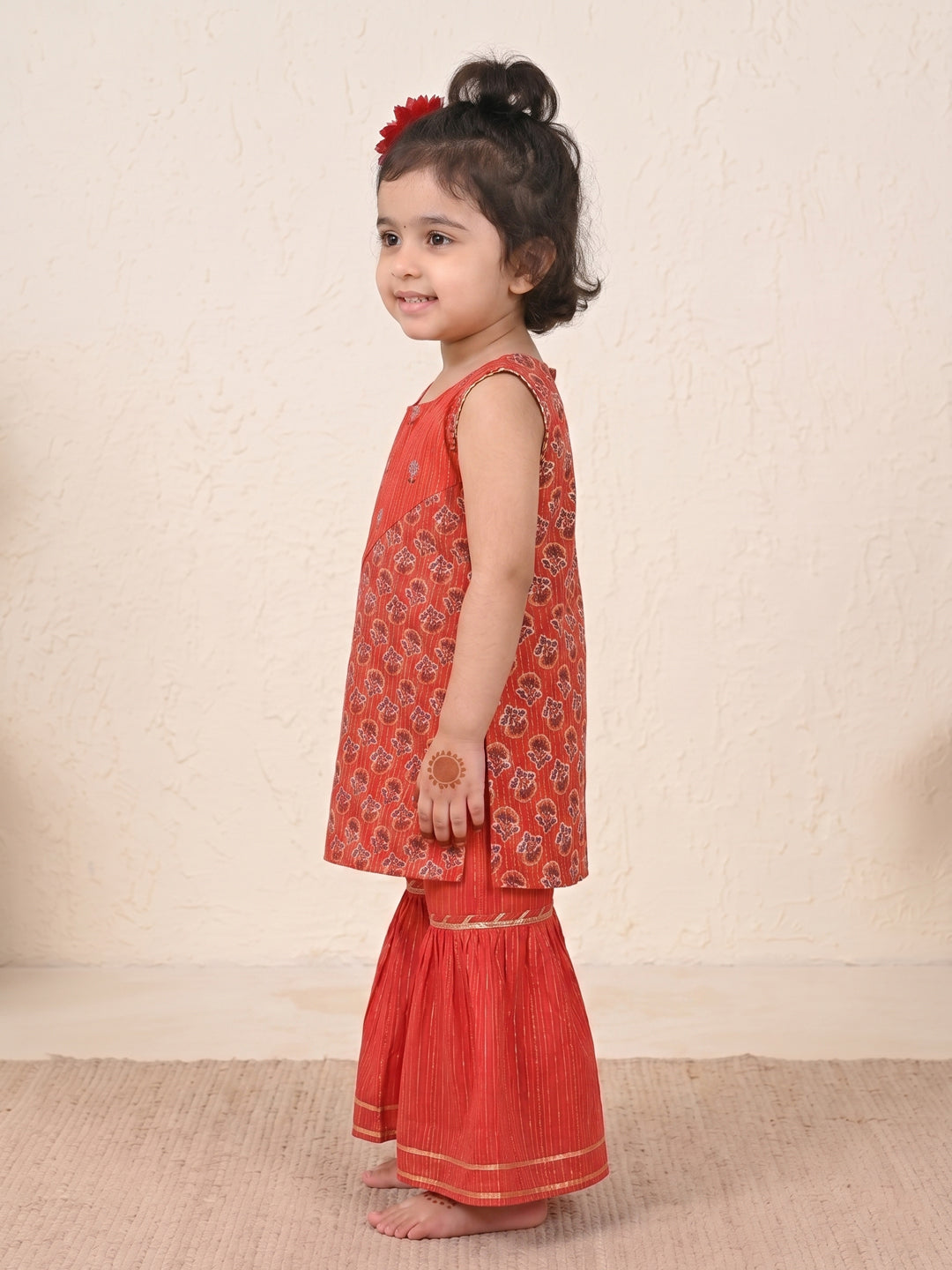 Red Sleevesless embroidered Kurti  With Red Sharara