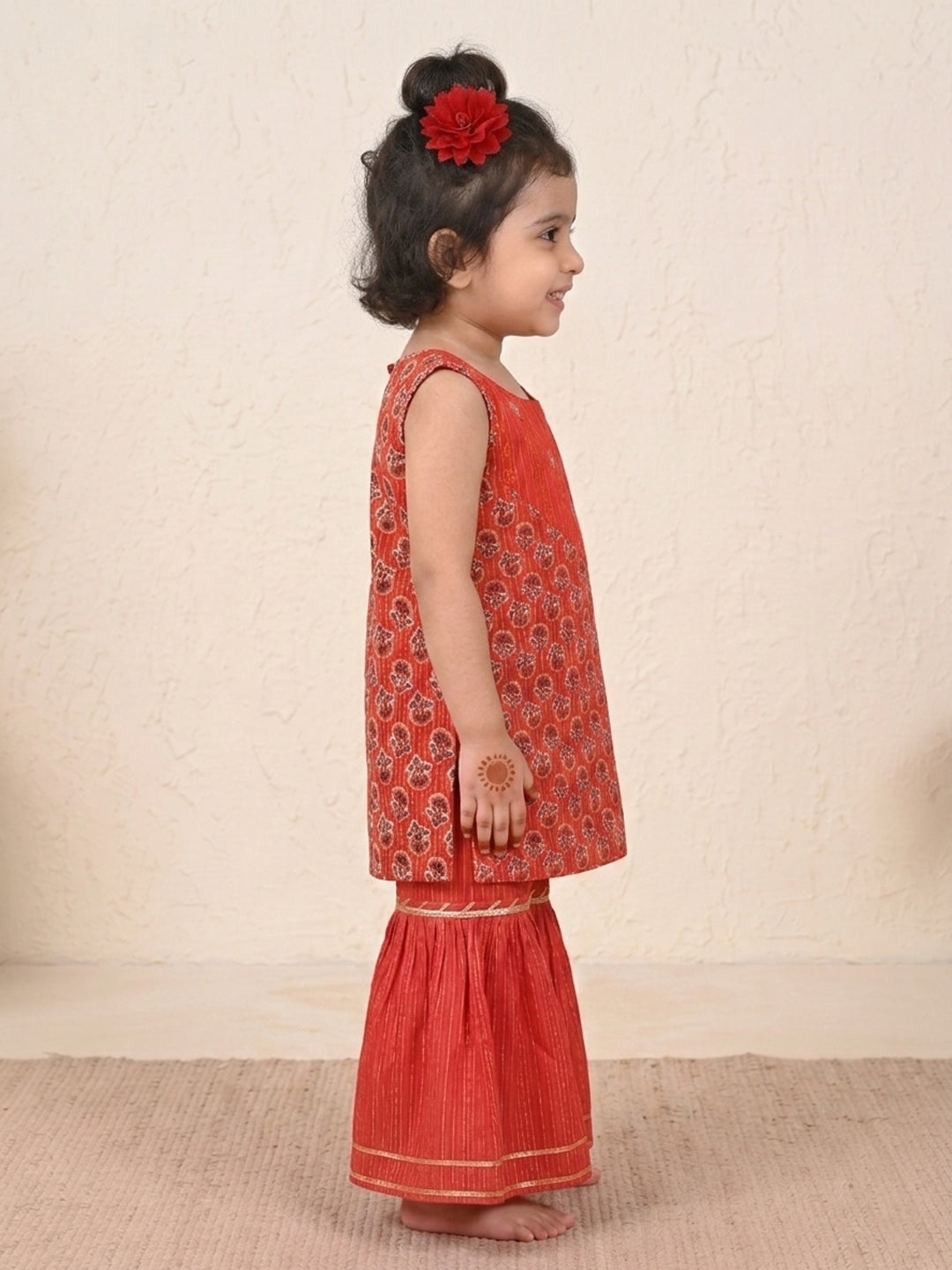 Red Sleevesless embroidered Kurti  With Red Sharara
