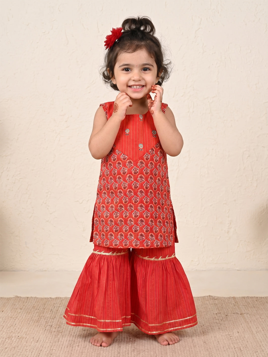 Red Sleevesless embroidered Kurti  With Red Sharara