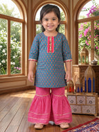 Blue three-quarter sleeves Kurti  With Pink Sharara