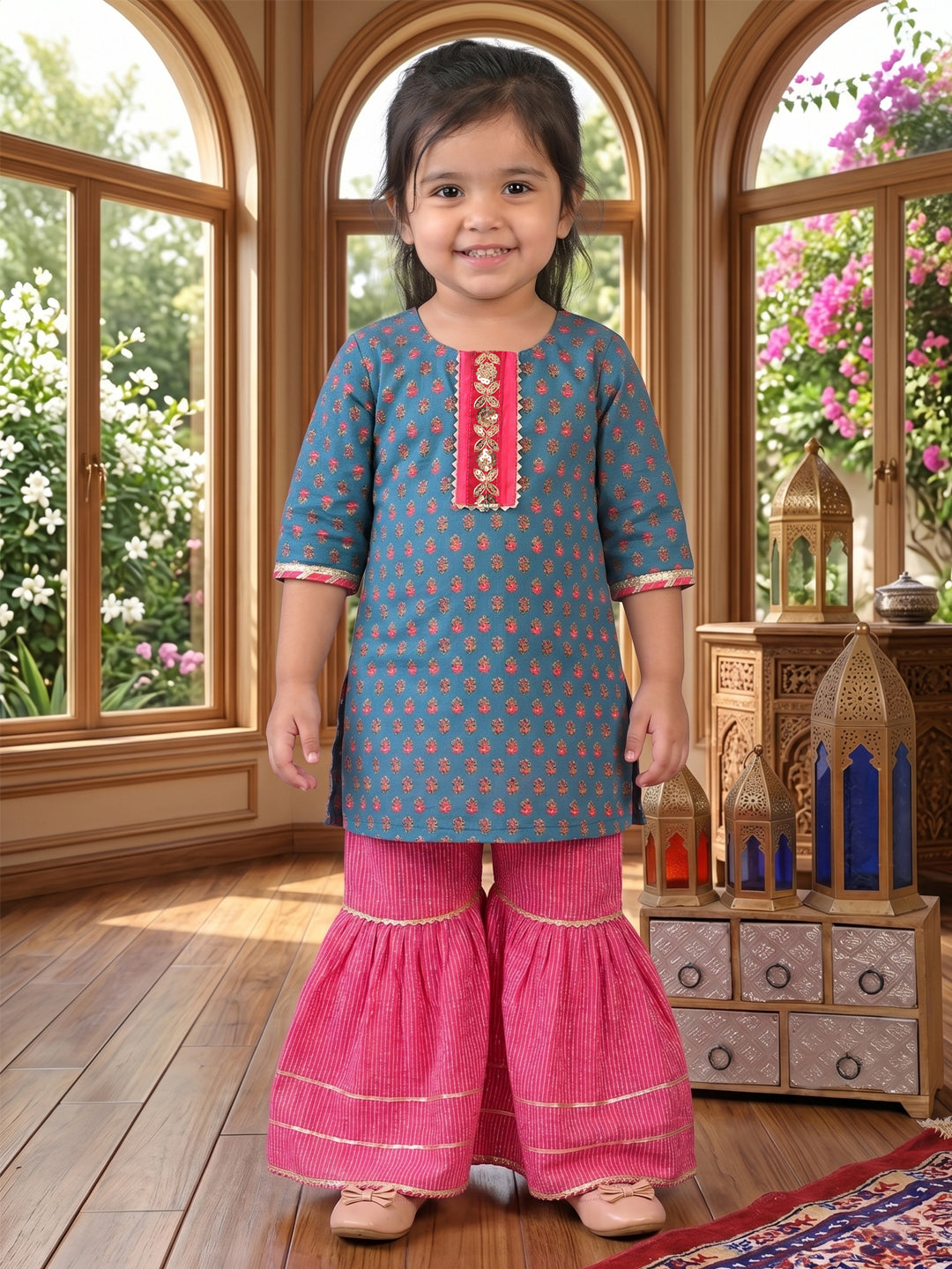 Blue three-quarter sleeves Kurti  With Pink Sharara