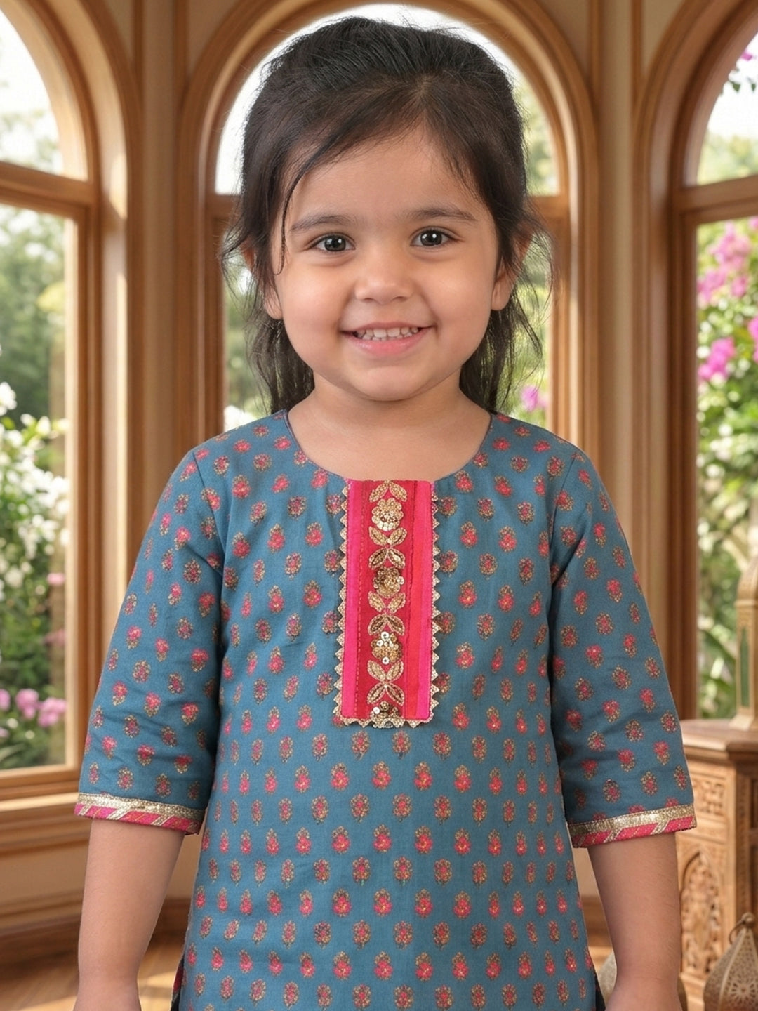 Blue three-quarter sleeves Kurti  With Pink Sharara