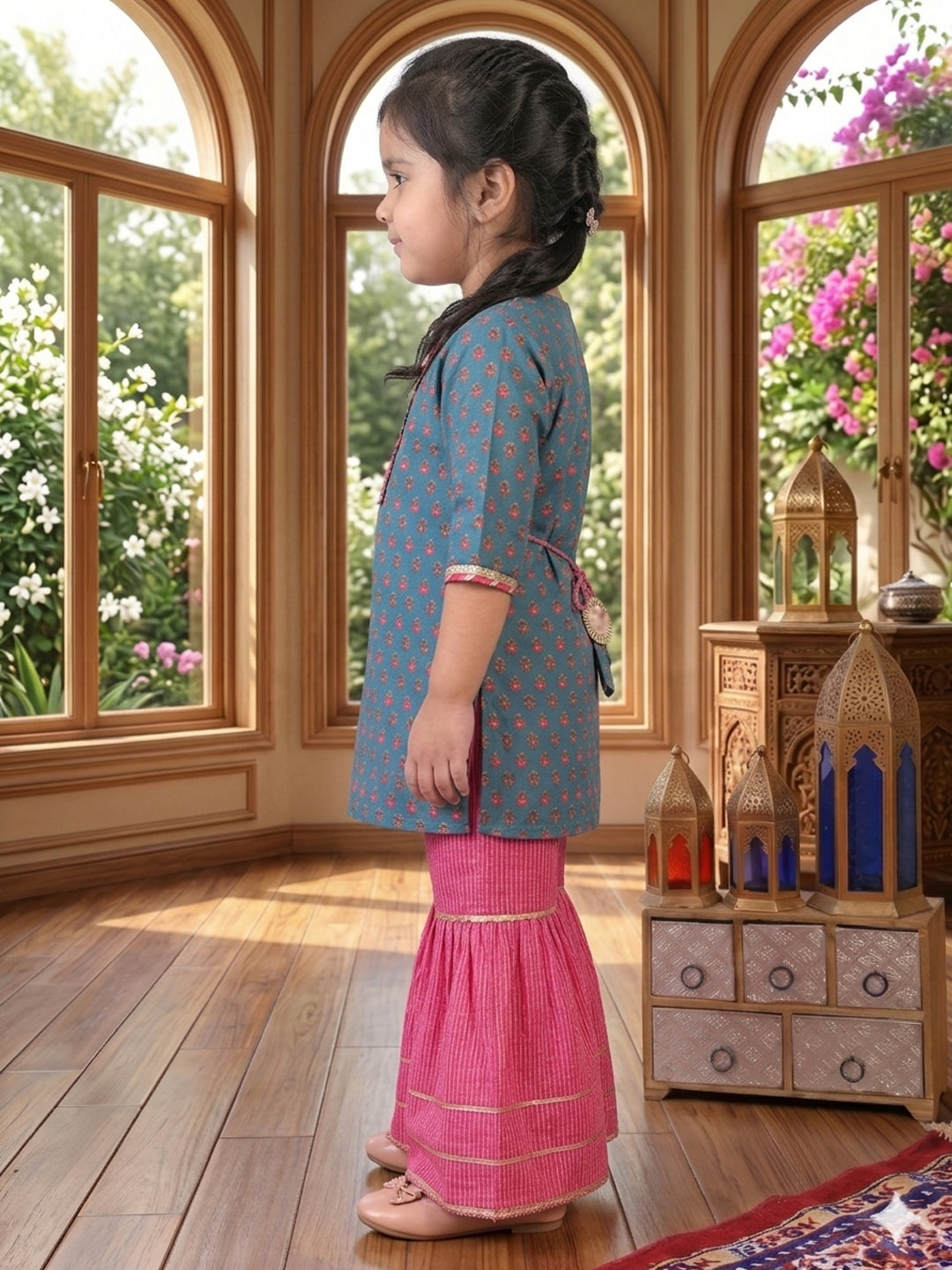Blue three-quarter sleeves Kurti  With Pink Sharara