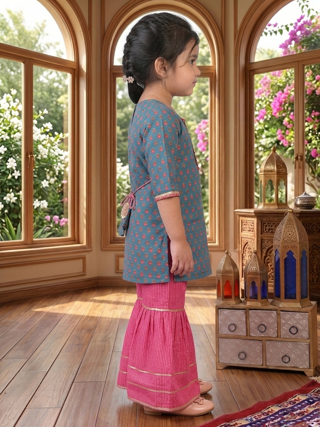 Blue three-quarter sleeves Kurti  With Pink Sharara