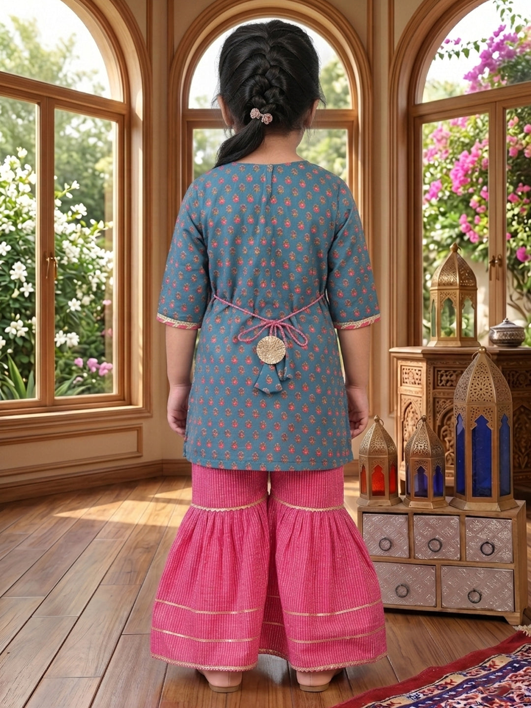 Blue three-quarter sleeves Kurti  With Pink Sharara
