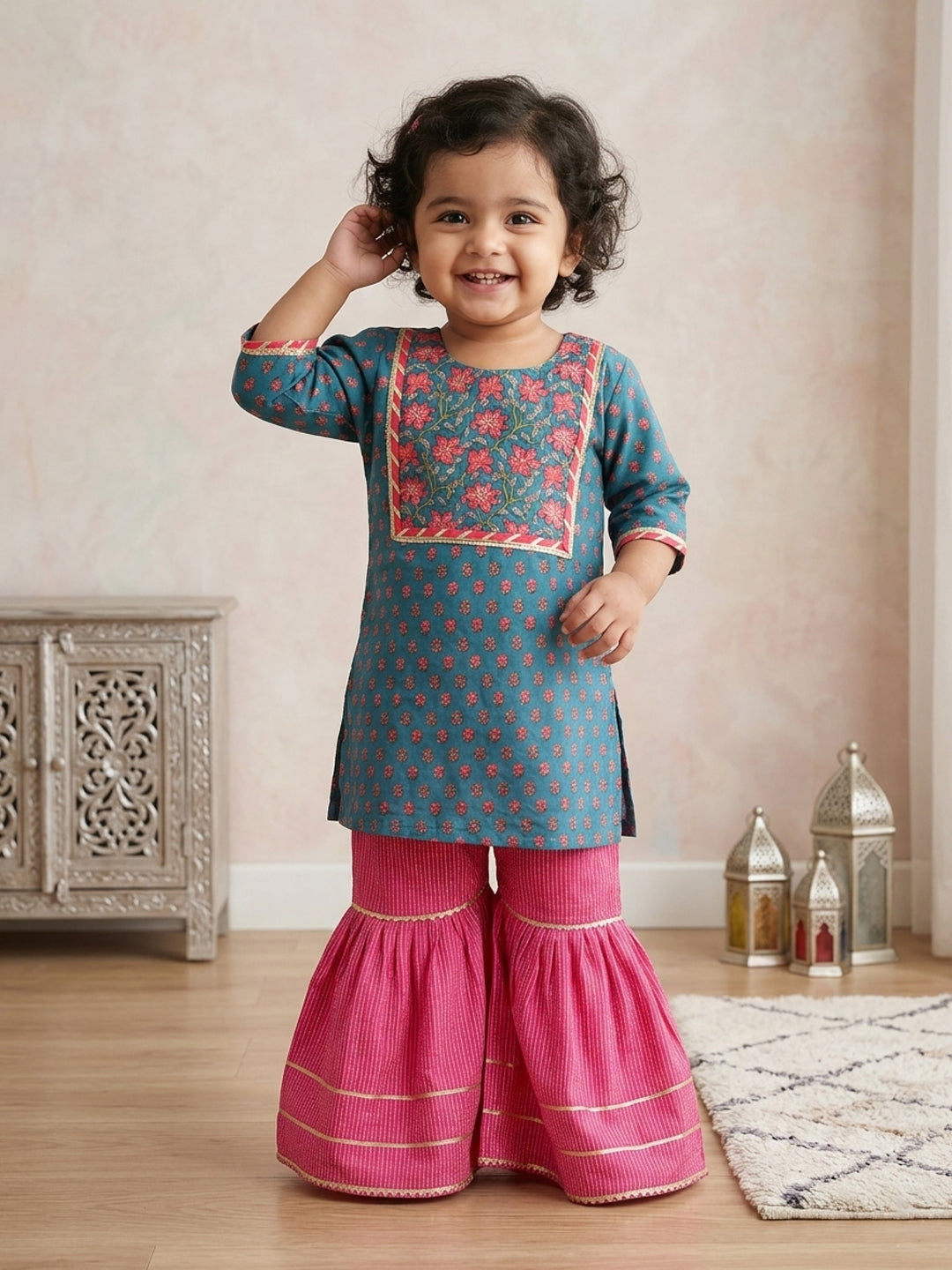 Blue three-quarter sleeves Kurti  With Pink Sharara