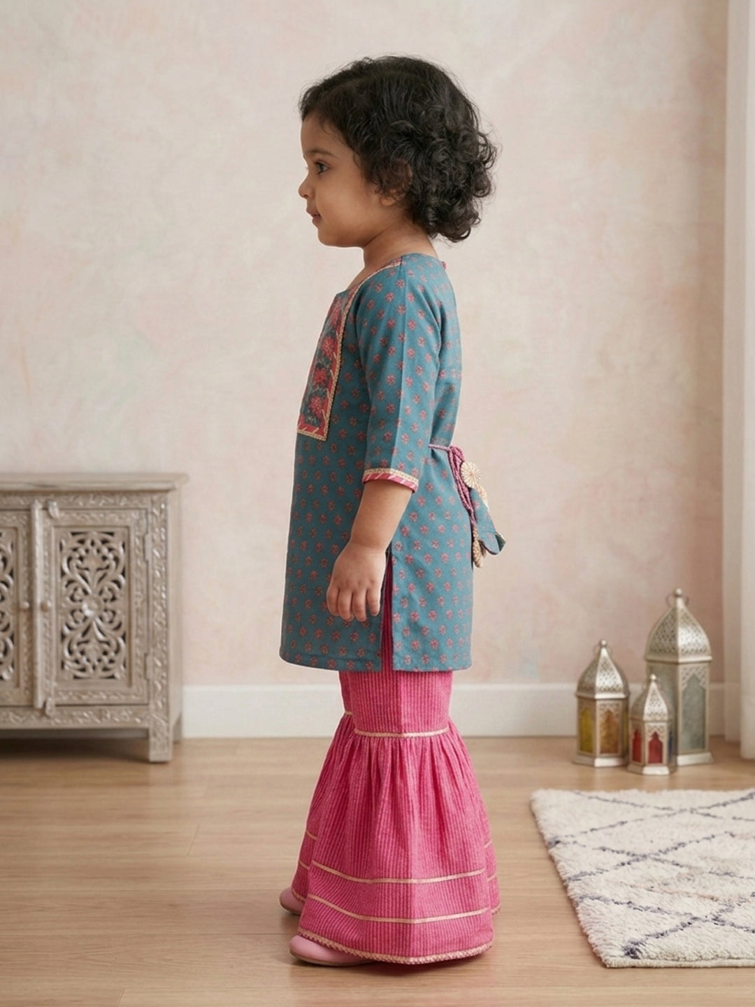 Blue three-quarter sleeves Kurti  With Pink Sharara