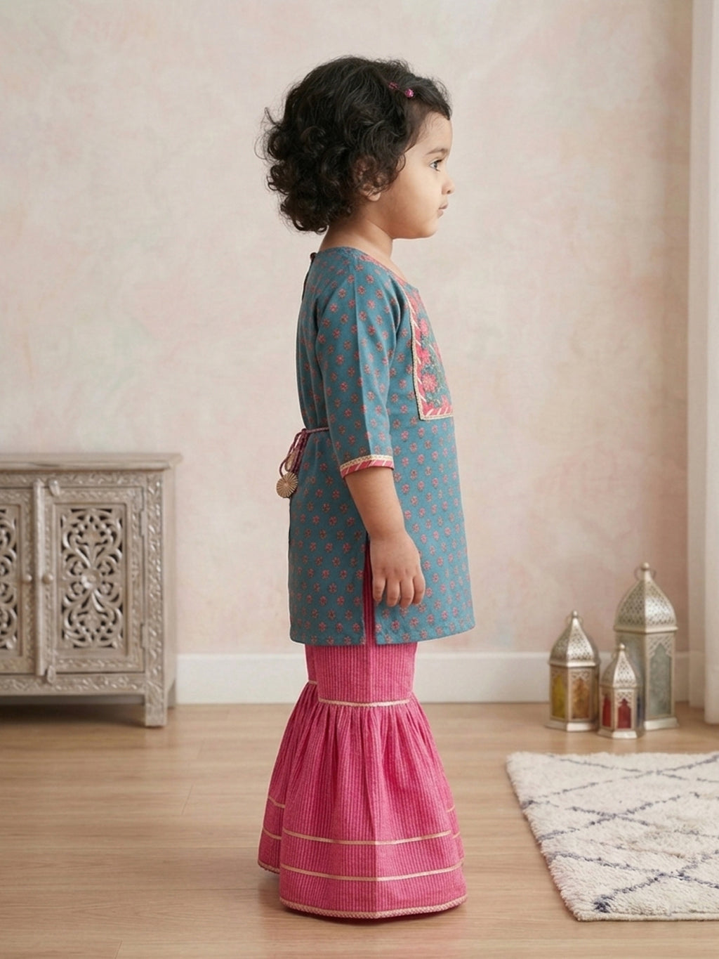 Blue three-quarter sleeves Kurti  With Pink Sharara