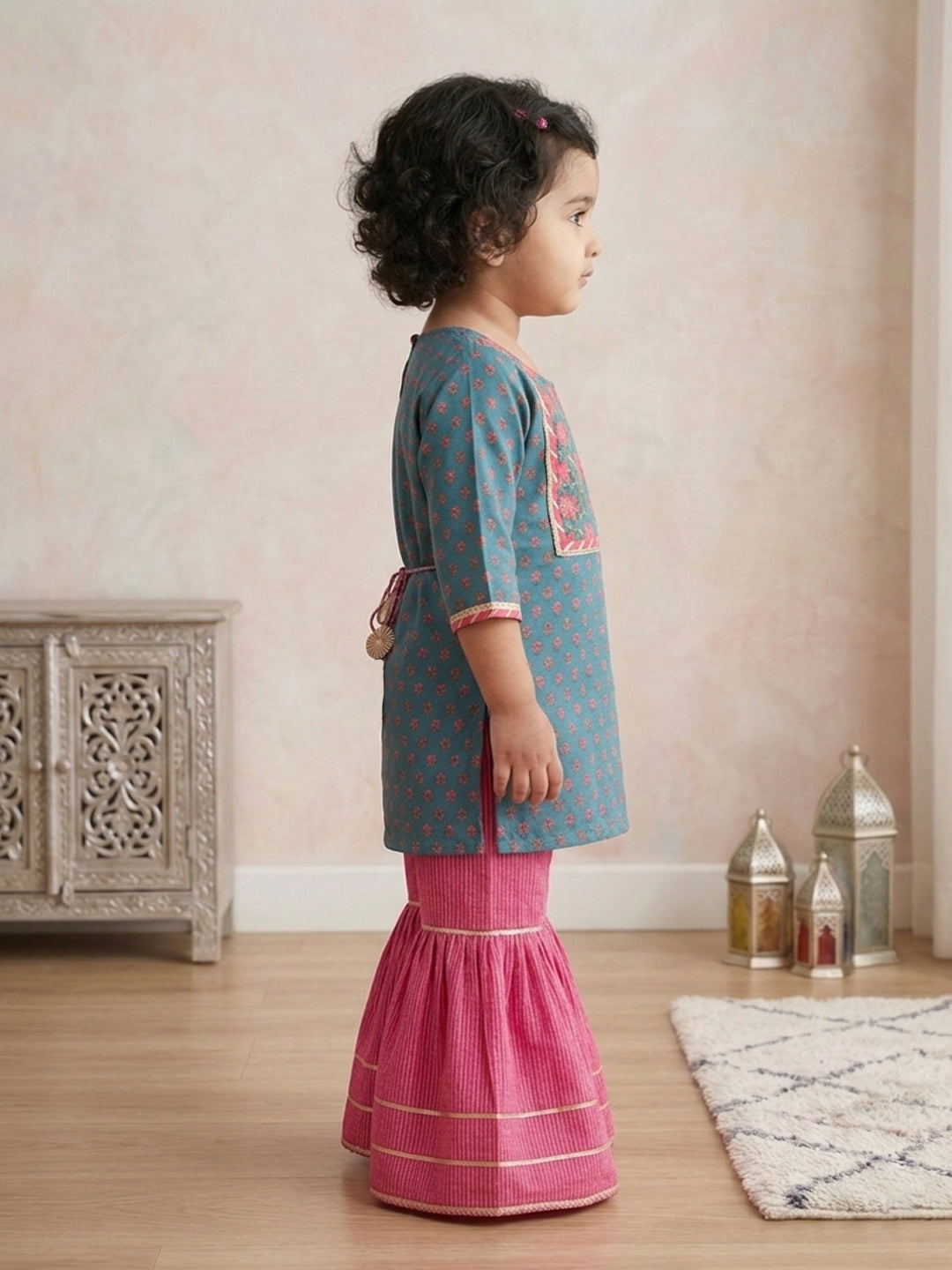 Blue three-quarter sleeves Kurti  With Pink Sharara