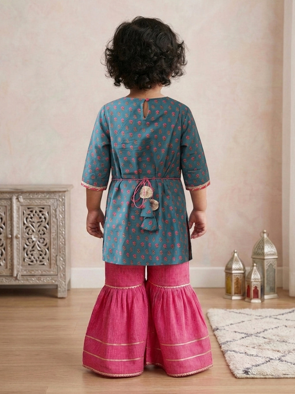 Blue three-quarter sleeves Kurti  With Pink Sharara