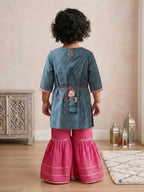 Blue three-quarter sleeves Kurti  With Pink Sharara
