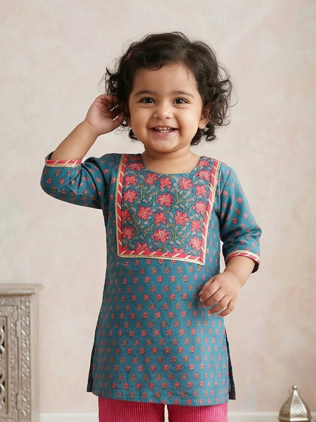 Blue three-quarter sleeves Kurti  With Pink Sharara