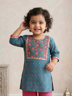 Blue three-quarter sleeves Kurti  With Pink Sharara