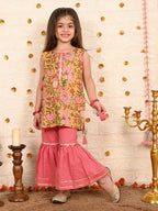 Yellow floral printed kurti with peach sharara