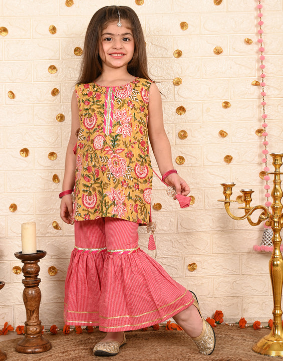 Yellow floral printed kurti with peach sharara