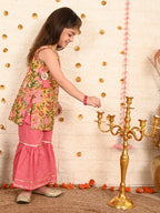 Yellow floral printed kurti with peach sharara