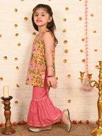 Yellow floral printed kurti with peach sharara