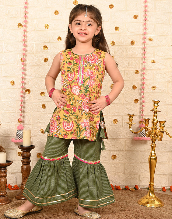 Yellow floral kurti with green sharara