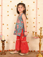 Blue floral kurti with red sharara