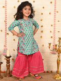Blue floral Kurt with pink sharara