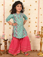Blue floral Kurt with pink sharara